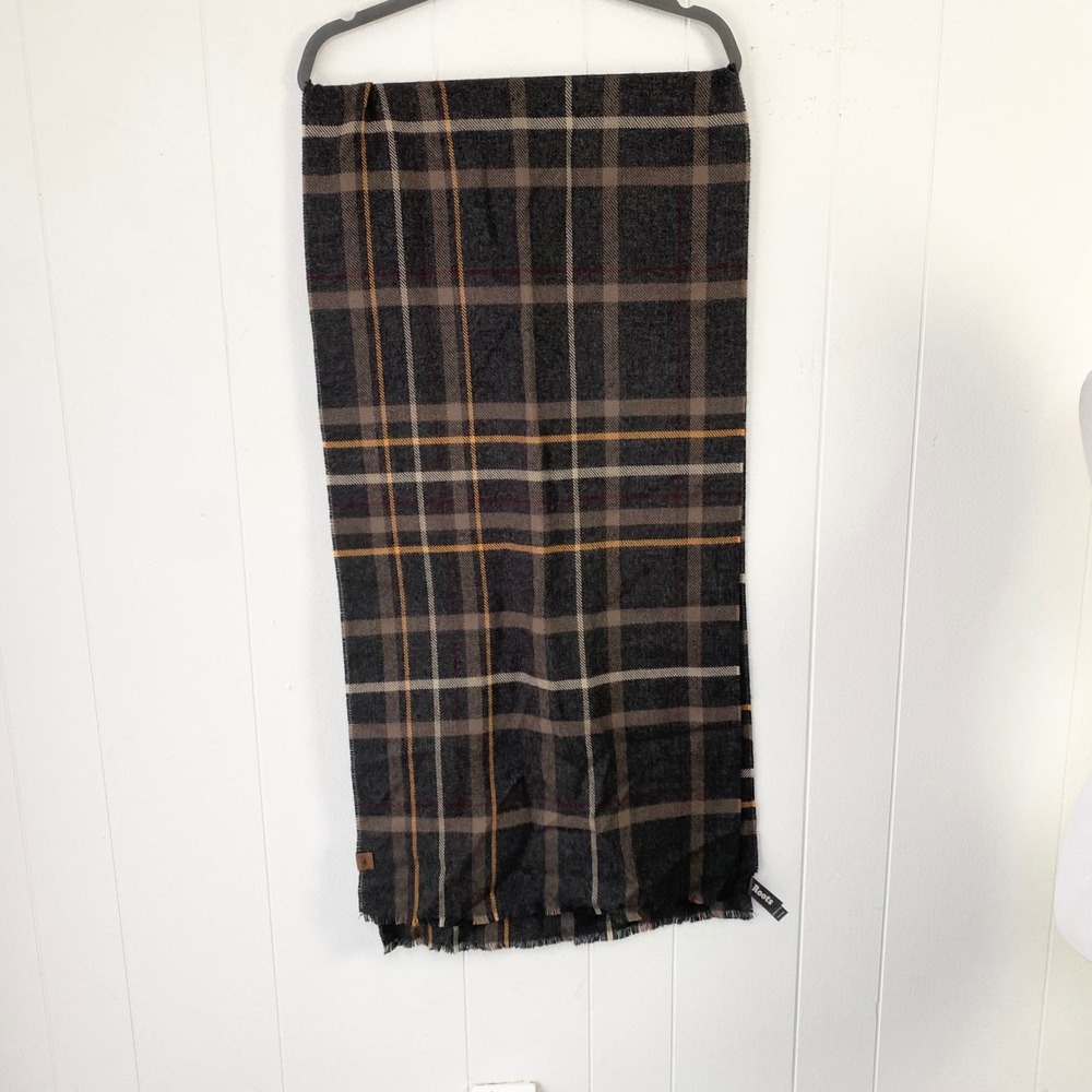 Roots Plaid Scarf Charcoal Grey Brown Yellow Wool Blend Fringe Trim Wrap